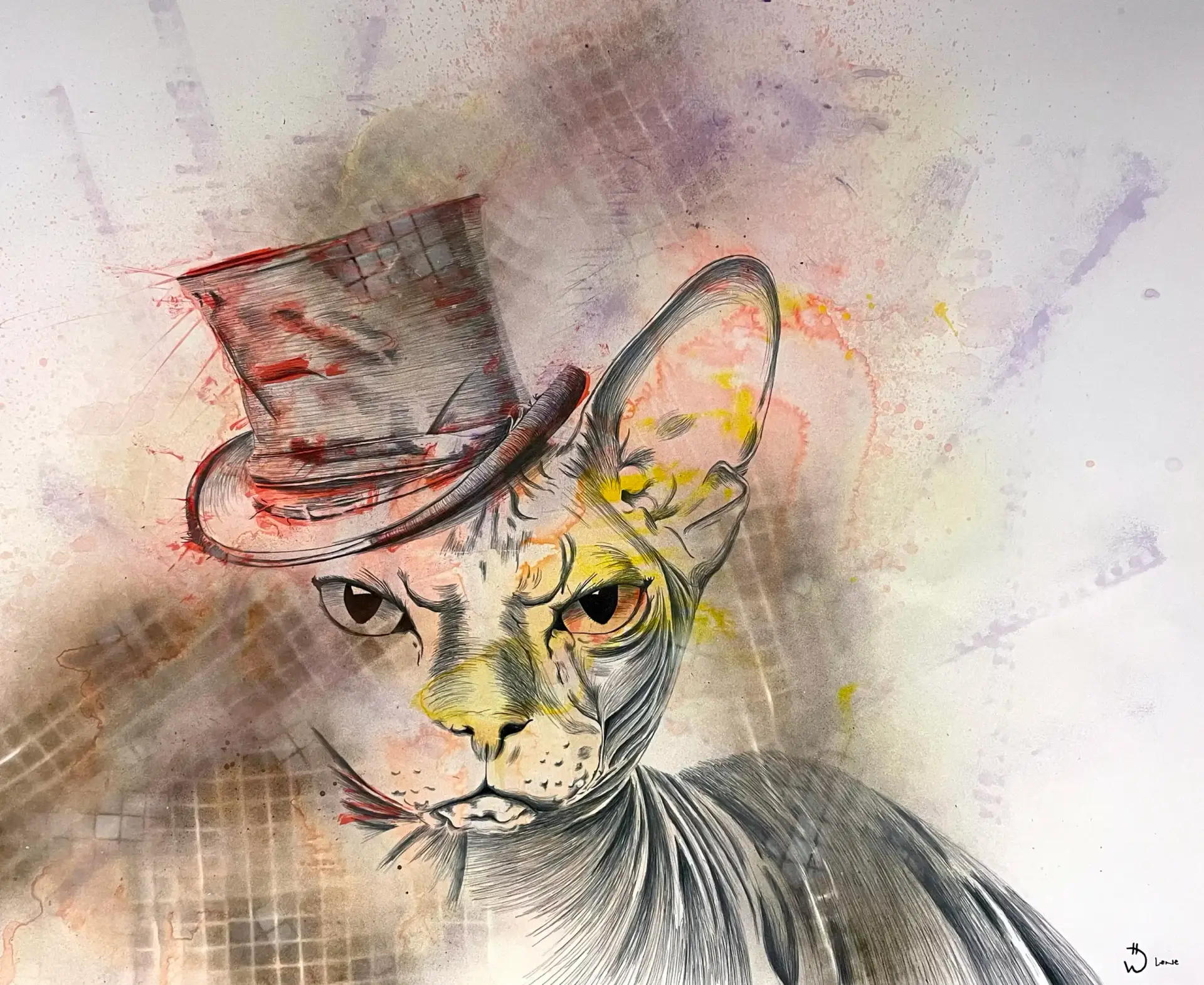 Katt med hatt, akvarell og akrylspray
